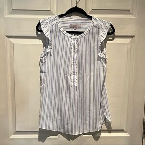 LOFT Women's Blue Striped Top with Ruffle Sleeves